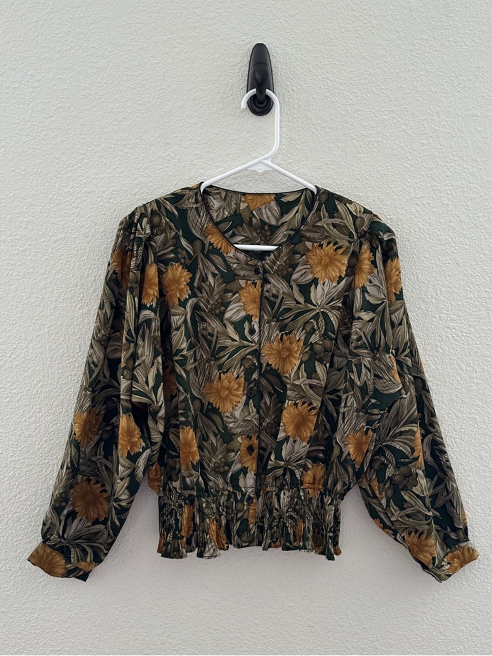 Vintage Floral Blouse Women Medium Green Yellow‎ Smocked Waist Balloon Sleeve